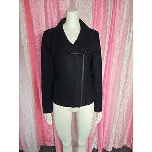 Ann Taylor Black Wool Blend Lined Zip Moto Hipster Jacket Size 12
